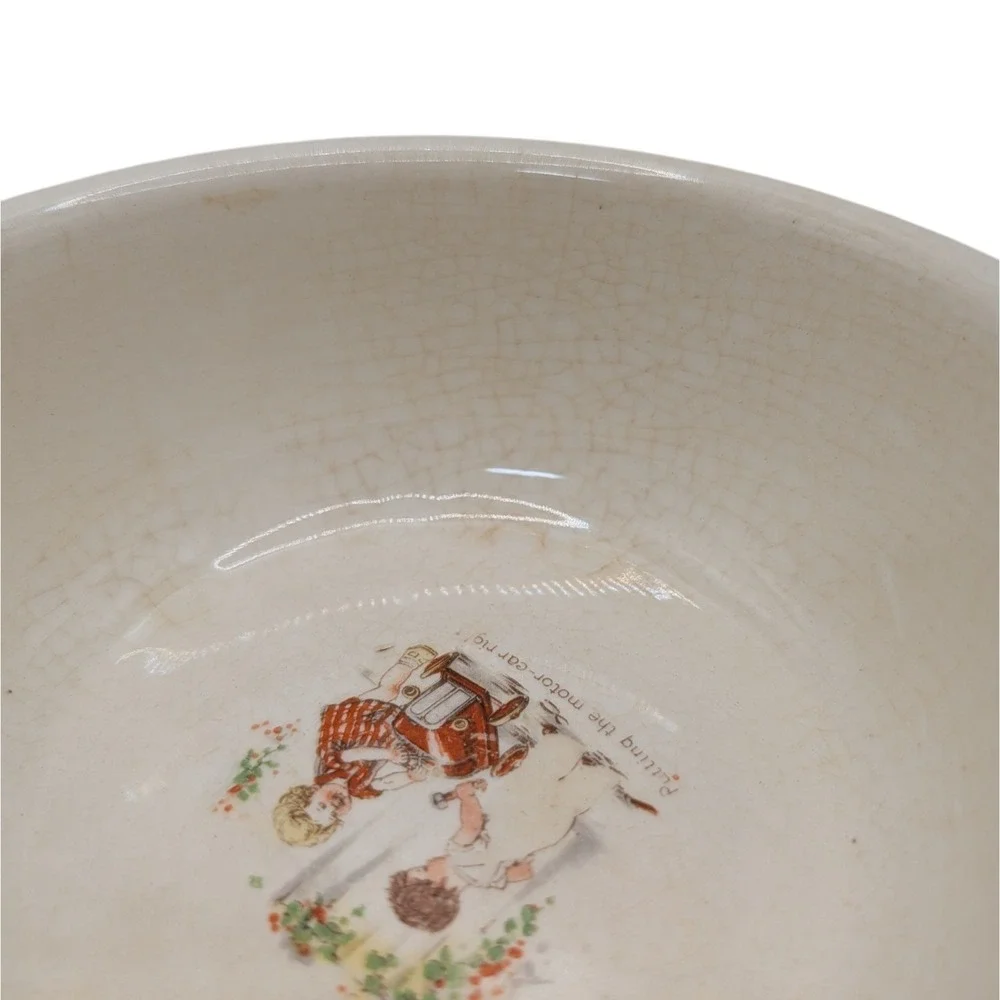 Antique Putting The Motor Car Right Childs Porcelain Bowl Red Trim Cereal Soup
